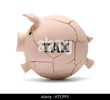 Sparschwein knacken von zu viel Steuer, Isolated on White Background. Stockfoto
