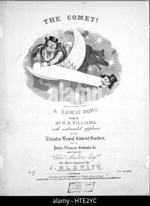 Titelbild der Noten des Liedes "The Comet! Ein Comic-Lied ", mit ursprünglichen Autorschaft Noten lesen"Geschrieben von Chas Melton, Esqr die Musik komponiert von J Blewitt", Vereinigtes Königreich, 1900. Der Verlag wird als aufgeführt "T.e. Purday, 50 St.-Pauls-Kirche-Yard", die Form der Komposition ist "strophische mit Chor", die Instrumentierung ist "Klavier und Stimme", die erste Linie liest "Mit jedem Tag, ich habe gehört, dass Leute, die sagen, es gibt etwas neues beginnt auf wunderbare Weise", und der Abbildung Künstler wird als aufgeführt "Madelcy, Lith, 3 Wellington St. Strang". Stockfoto