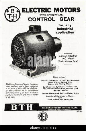 1940s alte ursprüngliche alte Industriewerbung aus dem Jahr 1943, die Elektromotoren von BTH, der britischen Thomson-Huston Co Ltd. Aus London, England, anwirbt Stockfoto