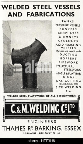 1940er Jahre alten original Vintage Industrie Anzeige vom 1943 Werbung Stahl Herstellungen von C & M Schweißen Co Ltd Ingenieure von Barking Essex England UK Stockfoto