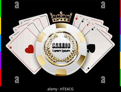 VIP Poker Luxus weißen und goldenen chip in goldene Krone mit Ass-Karte Vektor Casino Logokonzept. Royal Poker-Club-Emblem mit Lorbeer Kranz isoliert o Stock Vektor