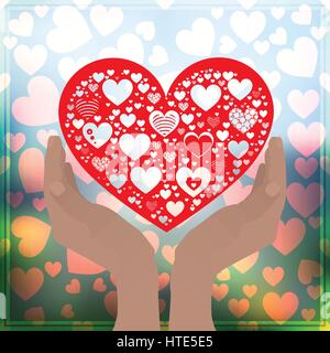 Hände gefaltet mit einem Boot, das Herz zu halten. Haltung des Friedens. Hilfe, Schutz. Auf einem Fotohintergrund für Ihr Design. Stock Vektor