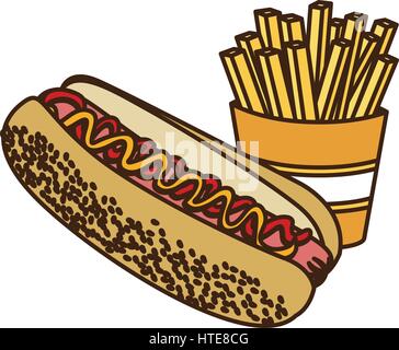 Farbe Abbildung mit Hot Dog und Pommes frites Stock Vektor