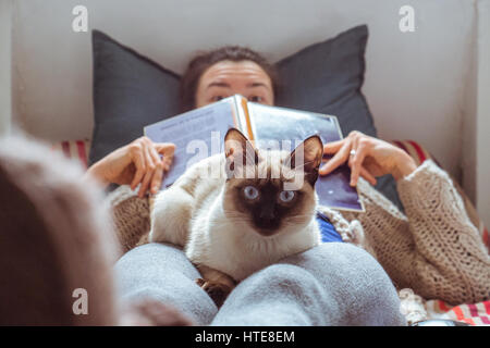 Katze schaut spielerisch in die Kamera sitzen bequem auf eine junge Frau hinlegen und versteckt sich hinter einem Buch Stockfoto