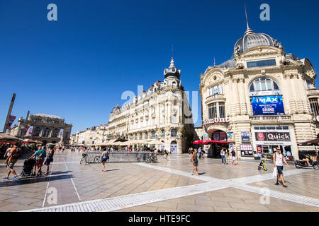 Denkmäler der Place De La Comedie, die größte und wichtigste Platz in Montpellier, Frankreich. Stockfoto