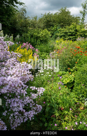 Bunte Blumenbeete im Garten Landhausstil. Gemischte Pflanzung von Sträuchern und Stauden in vollem Wachstum, Mitte Juli. Stockfoto