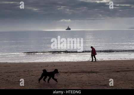 Metall Schatzsucher auf Paignton Beach Schatzsuche, sitzt ein Marineschiff in Torbay mit Berry Kopf im Hintergrund  Stockfoto