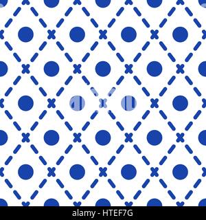 Geometrische blaue und weiße minimalistisch Vektormuster. Kreise und gestrichelten Rauten Hintergrund. Stock Vektor