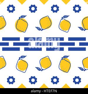 Blau und weiß Zitrone mediterrane nahtlose Kachelmuster. Zitrusfrüchte und geometrischen Formen Vektor-Textur für Keramik-Design, Textil- und Tapete. Stock Vektor