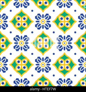 Blaue und grüne mediterrane nahtlose Kachelmuster. Azulejos geometrische Formen Vektor-Textur für Keramik-Design, Textil- und Tapete. Stock Vektor