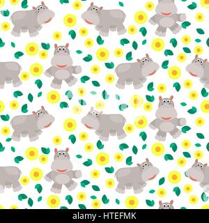 Flusspferde Cartoon Vektor Musterdesign. Savannah wild Zoo Tier Hintergrund mit gelben Blüten. Stock Vektor