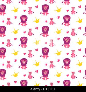 Süße Löwe und Löwin nahtlose Vektormuster. Cartoon-rosa wild Safaritiere und Krone auf weißem Hintergrund für Kind Textildrucke und Bekleidung. Stock Vektor