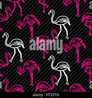 Schwarz und rosa gestreifte Flamingo Vogel Muster. Skizzieren Sie Hand gezeichnet Doodle Hawaii Vögel nahtloser Vektor Hintergrund. Stock Vektor