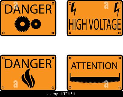 Satz von vier flachen, rechteckigen Symbole Warnung vor der Gefahr, Vektor-Illustration. Stock Vektor