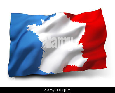 Wehende Flagge von Frankreich, Landesgrenzen innen gezeichnet, isoliert auf weißem Hintergrund Stockfoto