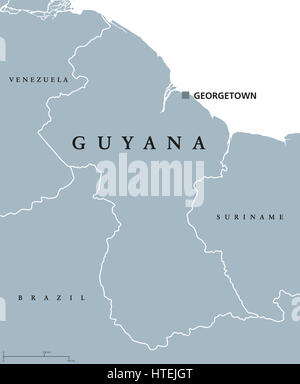 Politische Landkarte Guyana mit Hauptstadt Georgetown und nationale Grenzen hinweg. Republik, Land und souveränen Staat am nördlichen Festland Südamerikas. Stockfoto