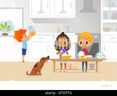 Kinder, die Küche aufräumen. Zwei Rassen kids abwaschen und junge Krug mit Getränk am Tisch auf Hintergrund setzen. Nützliches home Aktivitäten Konzept. Vektor-Illustration für Flyer, Webseite. Stock Vektor