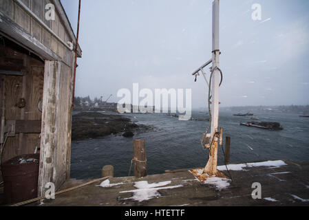 Wintersturm mit Lobster Boote im Hafen. Southwest Harbor, Acadia National Park, Maine Stockfoto