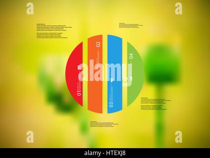 Illustration-Infografik-Vorlage mit dem Motiv des Kreises vertikal zu vier Farbe eigenständige Abschnitte unterteilt. Verschwommene Foto mit natürlichen Motiv grün Stock Vektor