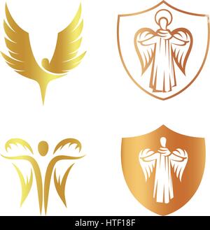 Isolierte goldene Farbe Engel Silhouette Logo Set, Schild mit religiösen Element Logo Kollektion, Arm mit Erzengel-Vektor-Illustrationen auf weißem Anstrich. Stock Vektor