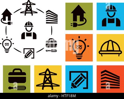 Isolierte professionellen Elektriker Symbole Set, Ausrüstung und Werkzeuge Logos Sammlung, Strom Piktogramm Elemente-Vektor-illustration Stock Vektor