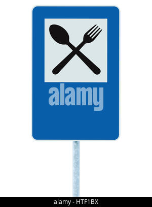 Restaurant Schild an post-Pol, Verkehr Straße Roadsign, blau isoliert Abendessen Bar catering Gabel Löffel Beschilderung und leer leer Textfreiraum Stockfoto