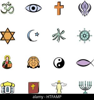 Religion-Comic-Ikonen stellen im Cartoon-Stil, die isoliert auf weißem Hintergrund-Vektor-illustration Stock Vektor