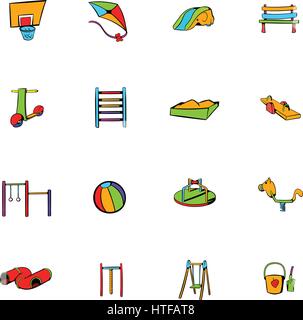 Park-Spielplatz-Ikonen stellen im Cartoon-Stil, die isoliert auf weißem Hintergrund-Vektor-illustration Stock Vektor