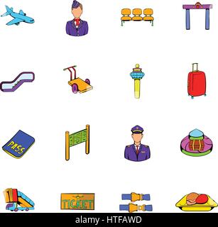 Flughafen stellen Icons set im Cartoon-Stil, die isoliert auf weißem Hintergrund-Vektor-illustration Stock Vektor