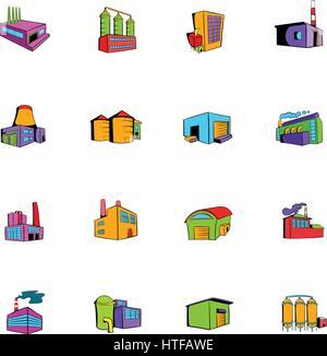 Industrielle Fabrikgebäude Set Icons set im Cartoon-Stil, die isoliert auf weißem Hintergrund-Vektor-illustration Stock Vektor