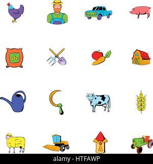 Landwirtschaft-Ikonen stellen im Cartoon-Stil, die isoliert auf weißem Hintergrund-Vektor-illustration Stock Vektor