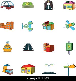 Städtische Infrastruktur Symbole festlegen im Cartoon-Stil, die isoliert auf weißem Hintergrund-Vektor-illustration Stock Vektor
