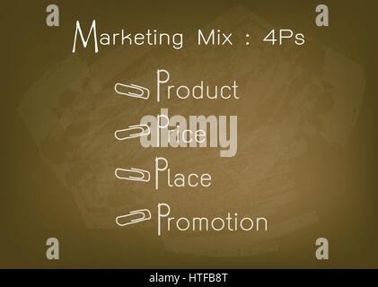 Geschäftskonzepte, Darstellung der 4Ps Modell oder Marketing-Mix-Diagramm für Management-Strategie auf braune Tafel. Ein Basis-Konzept im Marketing. Stock Vektor