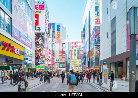 Beschreibung: Tokio, Japan - 31. Dezember 2016: die bunten Zeichen in Akihabara. Der elektronischen Bezirk entwickelte sich zu einem Einkaufsviertel für Videospiel Stockfoto