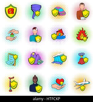 Versicherung Icons Set, Pop-Art Stil Stock Vektor