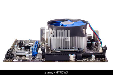 Computer Motherboard isoliert auf weißem Hintergrund mit CPU-Kühler Stockfoto