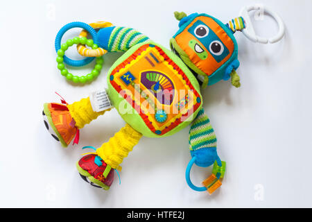 Lamaze Rusty isoliert die Roboter Stofftier auf weißem Hintergrund Stockfoto