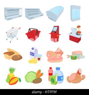 Supermarkt Icons Set, Cartoon-Stil Stock Vektor