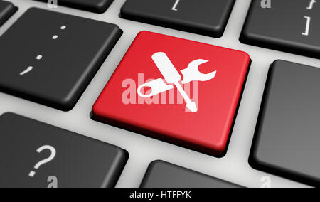 Computer-Reparatur-Service-Konzept mit Arbeit Werkzeuge Symbole und Symbol auf einen roten Knopf Computer Tastatur 3D Illustration. Stockfoto