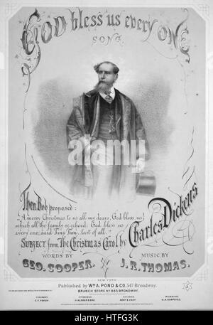 Noten-Cover-Bild des Liedes "Gott segne uns alle ein Lied Thema von The Weihnachtslied", mit ursprünglichen Autorschaft Noten lesen "Worte von Geo Cooper Musik von JR Thomas", USA, 1868. Der Verlag als "WM. A. Teich und Co., 547 Broadway" aufgeführt ist, die Form der Komposition ist "strophische mit Chor", die Instrumentierung ist "Klavier und Stimme", die erste Zeile lautet "Schütteln sich die Hände und lassen Sie die Vergangenheit durch, gehen unsere Leerlauf Tränen vergessen" und der Abbildung Künstler wird als aufgeführt "[Lith von Charles Dickens] veröffentlicht durch ihre Permiss, von der autorisierten fotografieren der Herren J. Gurney und Sohn Stockfoto