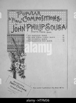 Titelbild der Noten des Liedes "Tiergruppe Kompositionen für Klavier von John Philip Sousa unser Flirt März", mit ursprünglichen Autorschaft Noten lesen "Komponiert von Sousa", USA, 1890. Der Verlag als "Harry Coleman, 228 Norden 9th St." aufgeführt ist, die Form der Komposition ist "Schnitt", die Instrumentierung ist "Klavier", liest die erste Zeile "None" und der Abbildung Künstler als "Thorburn" aufgeführt ist. Stockfoto