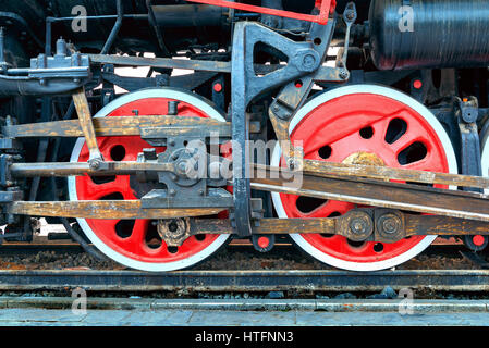 Vintage Dampf Zug Räder Nahaufnahme. Stockfoto