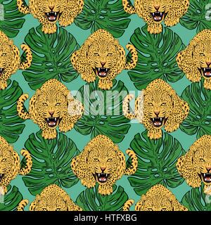 Vektor-Leoparden im bunten tropischen Blumen nahtlose Hintergrund. Stock Vektor