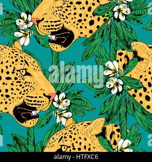 Vektor-Leoparden im bunten tropischen Blumen nahtlose Hintergrund. Stock Vektor