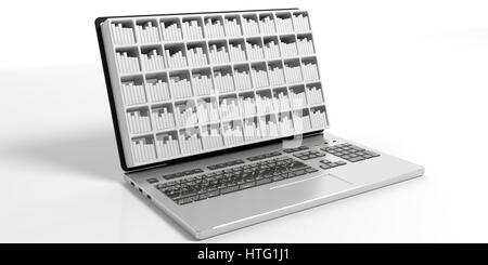 Laptop mit Bücherregal isoliert auf weißem Hintergrund. 3D illustration Stockfoto