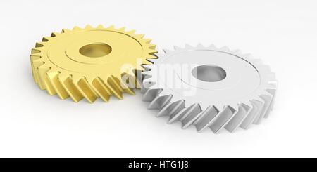 Zahnräder Silber und goldenen auf weißem Hintergrund. 3D illustration Stockfoto