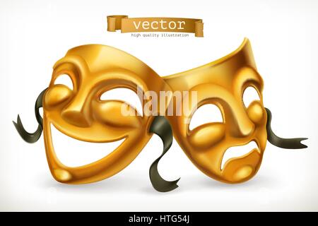 Gold Theatermasken. Komik und Tragik, 3d Vektor icon Stock Vektor