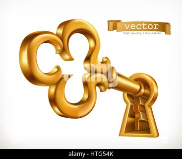 Goldener Schlüssel im Schlüsselloch, 3d Vektor icon Stock Vektor