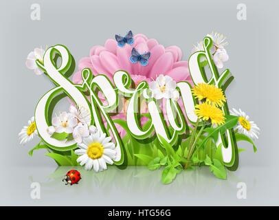 Frühling-Schriftzug. Rasen und Blumen. 3D Vektor icon Stock Vektor