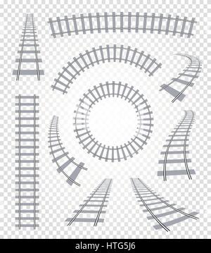 Kurvig und gerade Schienen Set, Bahn Draufsicht Sammlung isoliert Leiter Elemente Vektor-Illustrationen auf weißem Hintergrund Stock Vektor